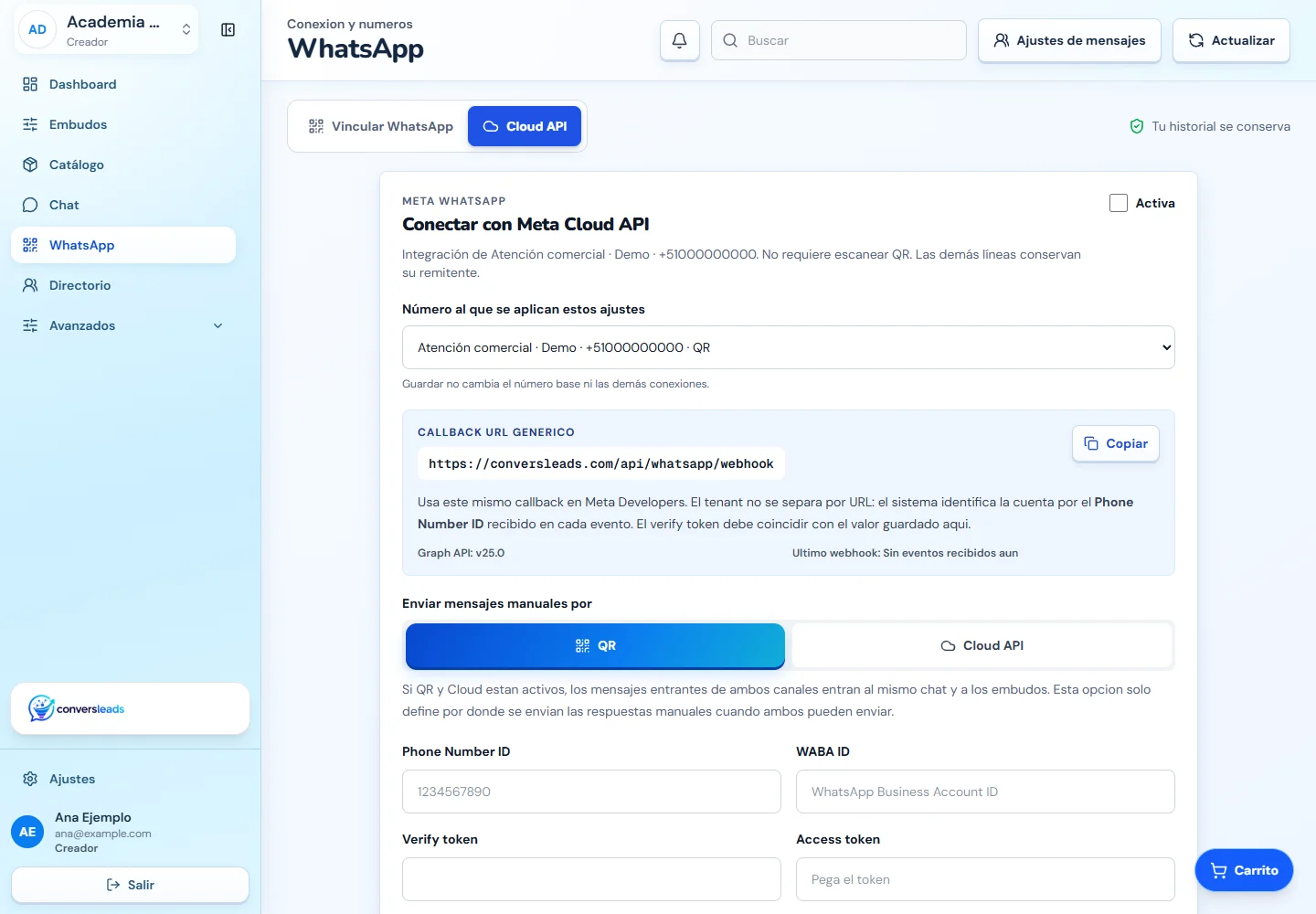 Configuración de WhatsApp Cloud API con campos de identificación y callback