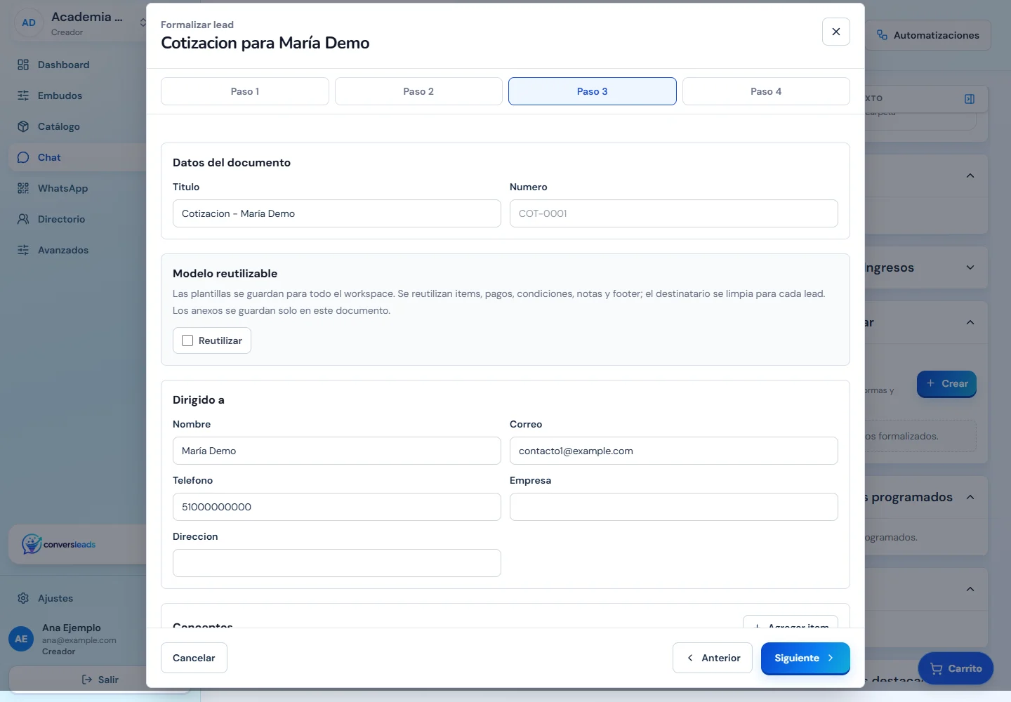 Editor de conceptos, pagos y condiciones de una cotización