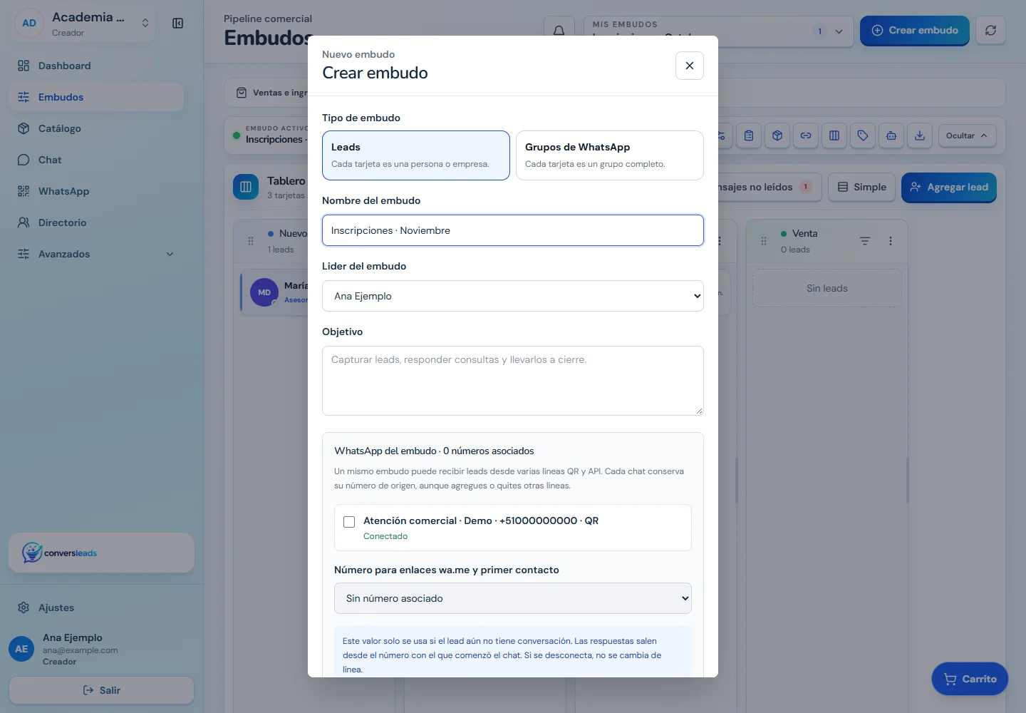 Formulario para crear un embudo de leads o de grupos de WhatsApp