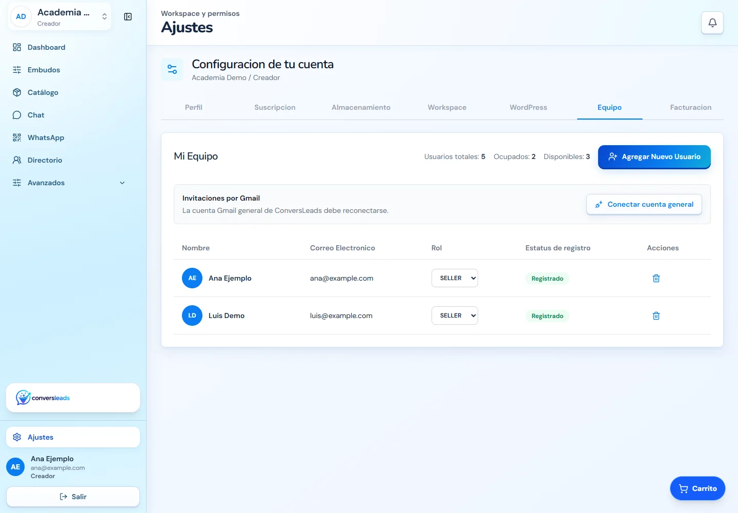 Ajustes del equipo con usuarios ficticios y sus roles