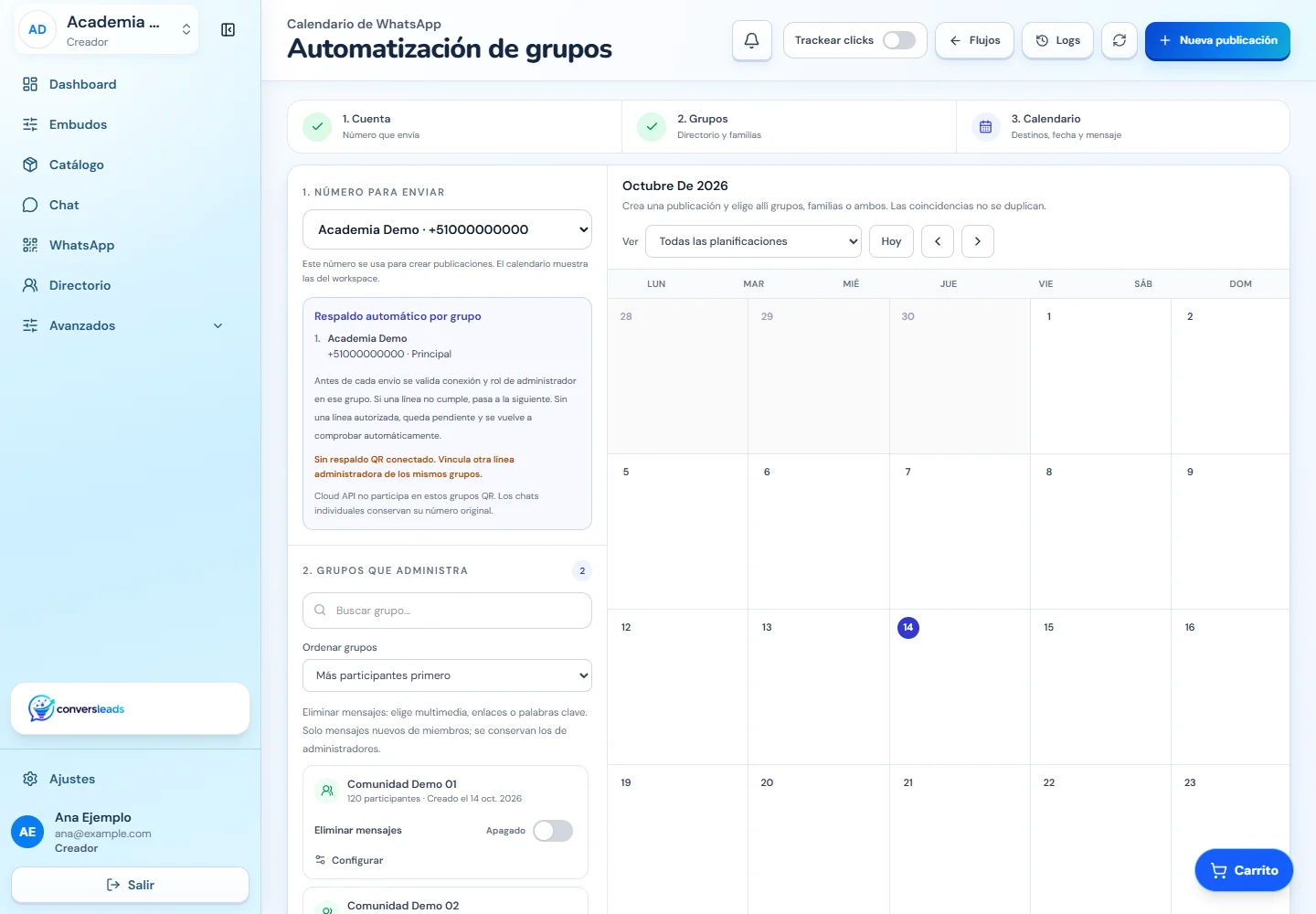 Calendario de publicaciones para grupos de WhatsApp