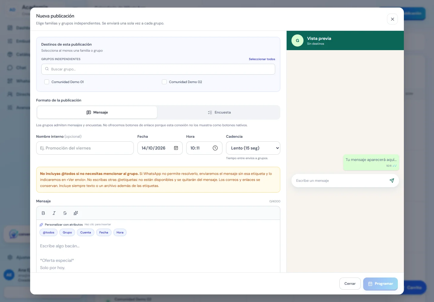 Formulario de nueva publicación con grupos destinatarios y fecha programada