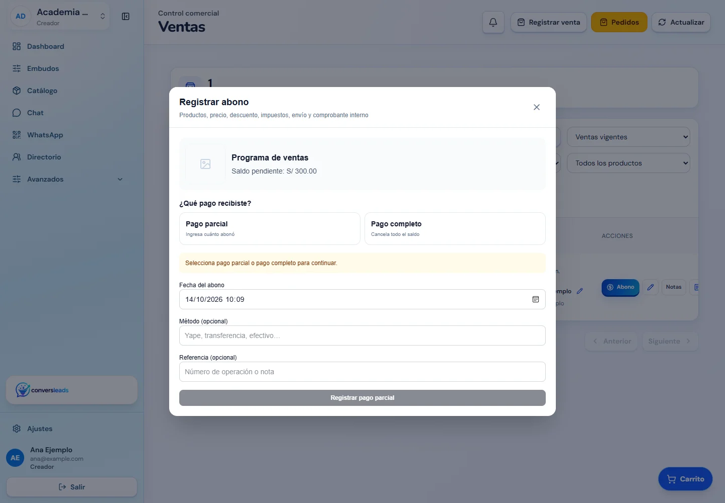 Formulario para registrar un abono parcial o completo