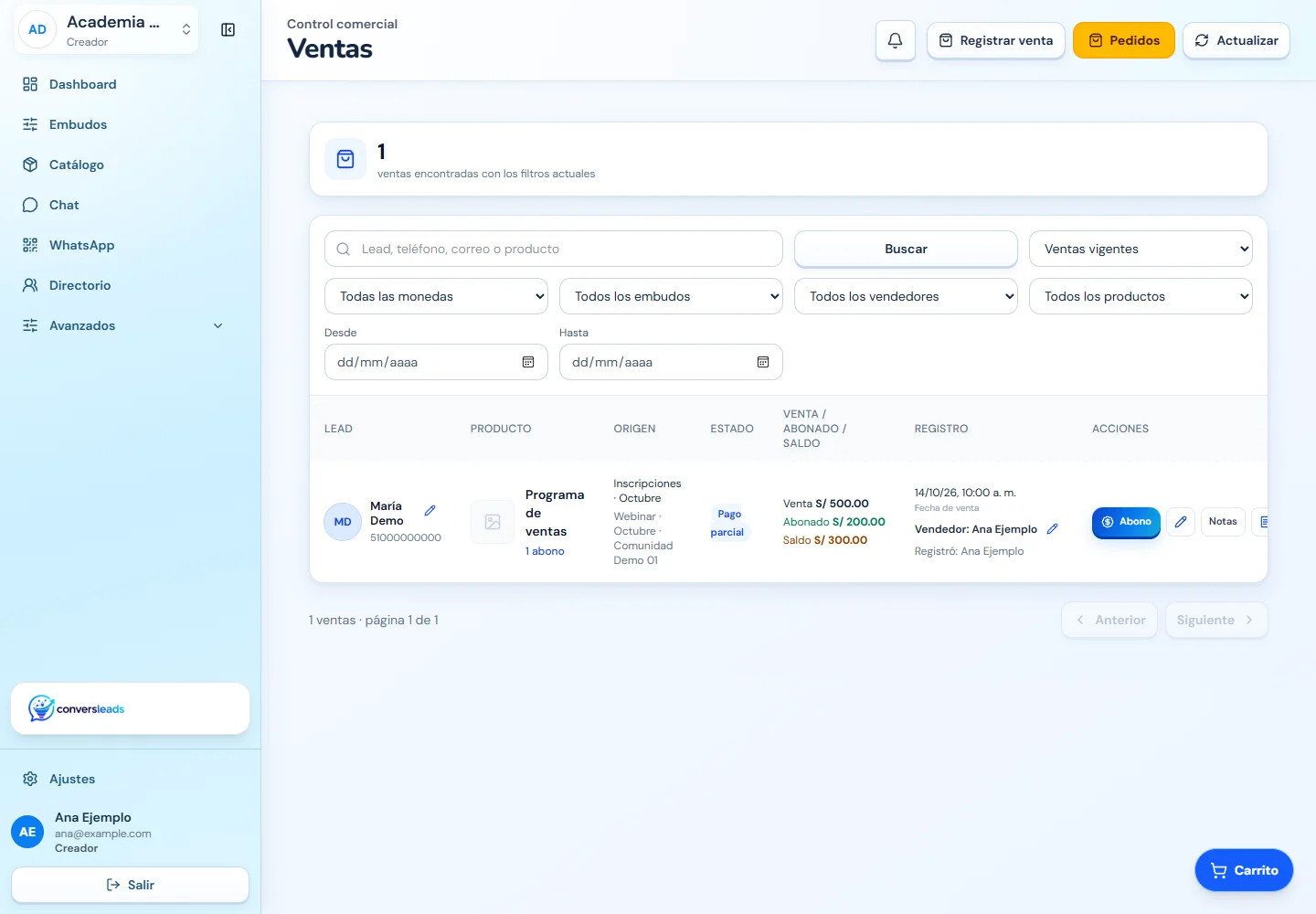 Listado de ventas con total de 500 soles, abono de 200 y saldo de 300