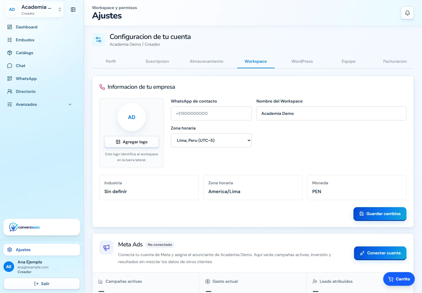 Configuración del workspace Academia Demo